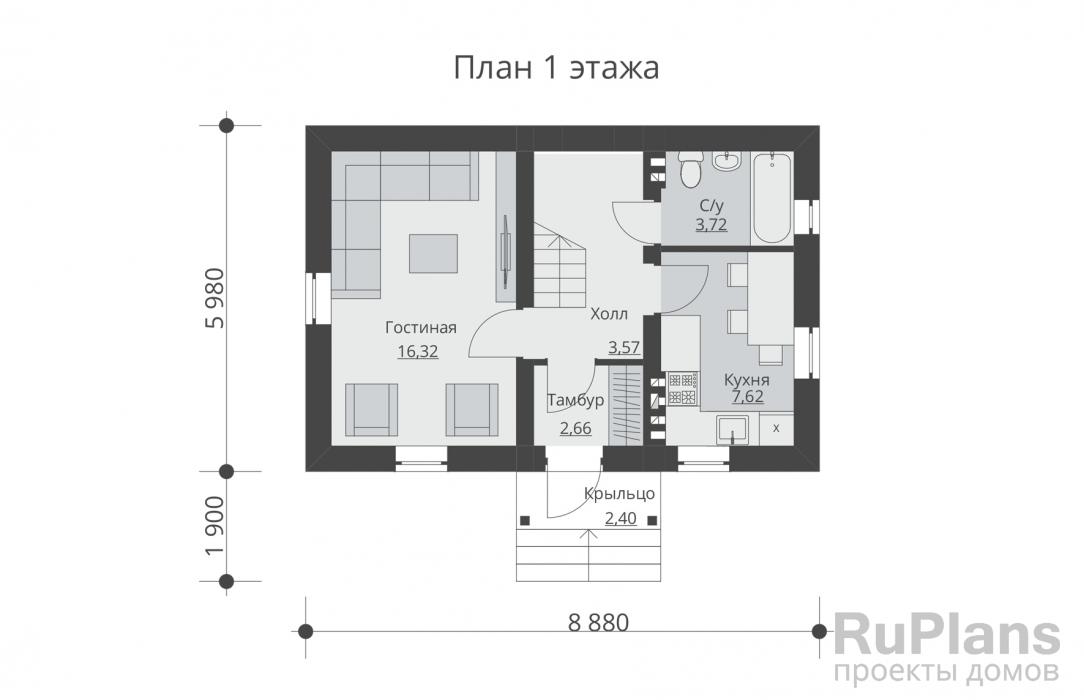 Проект одноэтажного дома из газобетона 7х8 м (ГБ-56-1)